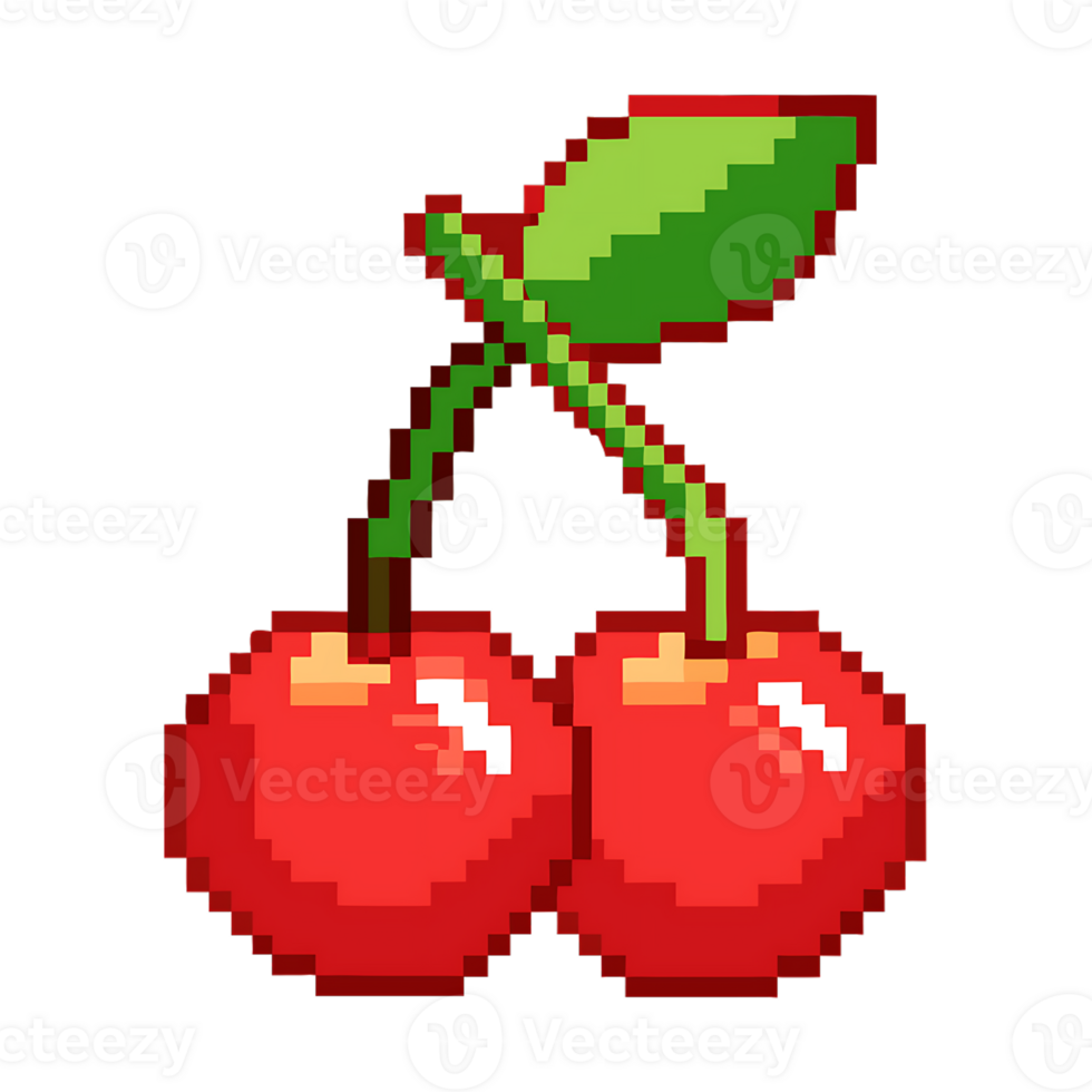 pixel art featuring two cherries with green leaf in playful style png