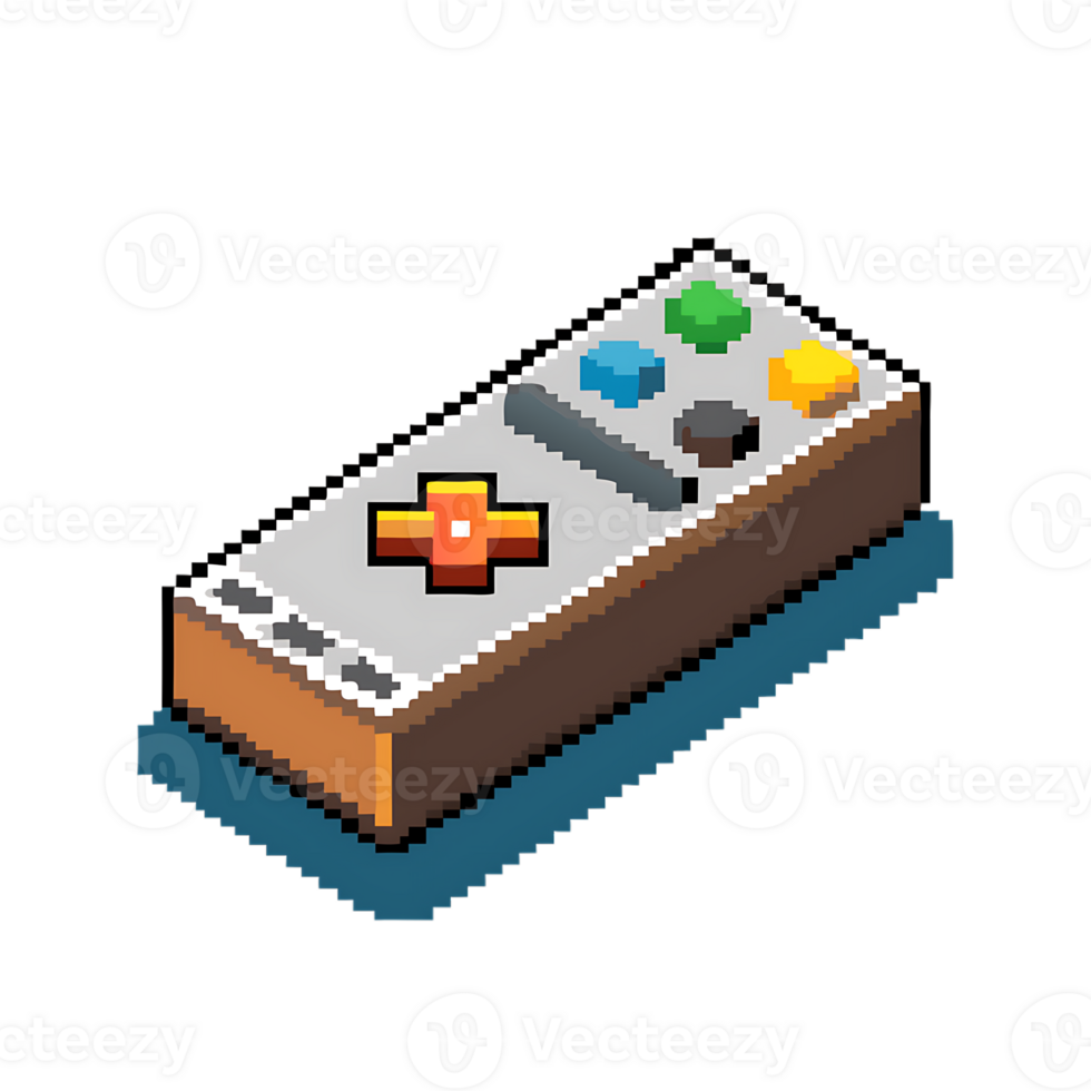Detailed pixel art representation of simple retro remote control with colorful buttons png