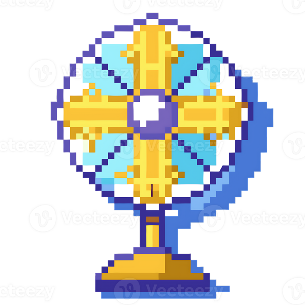 Pixel art electric fan with a yellow and blue color scheme png