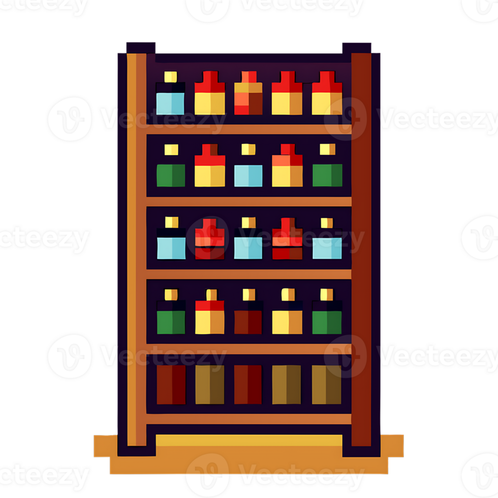 Stylized pixel art depiction of wine rack with colorful bottles and simple design png