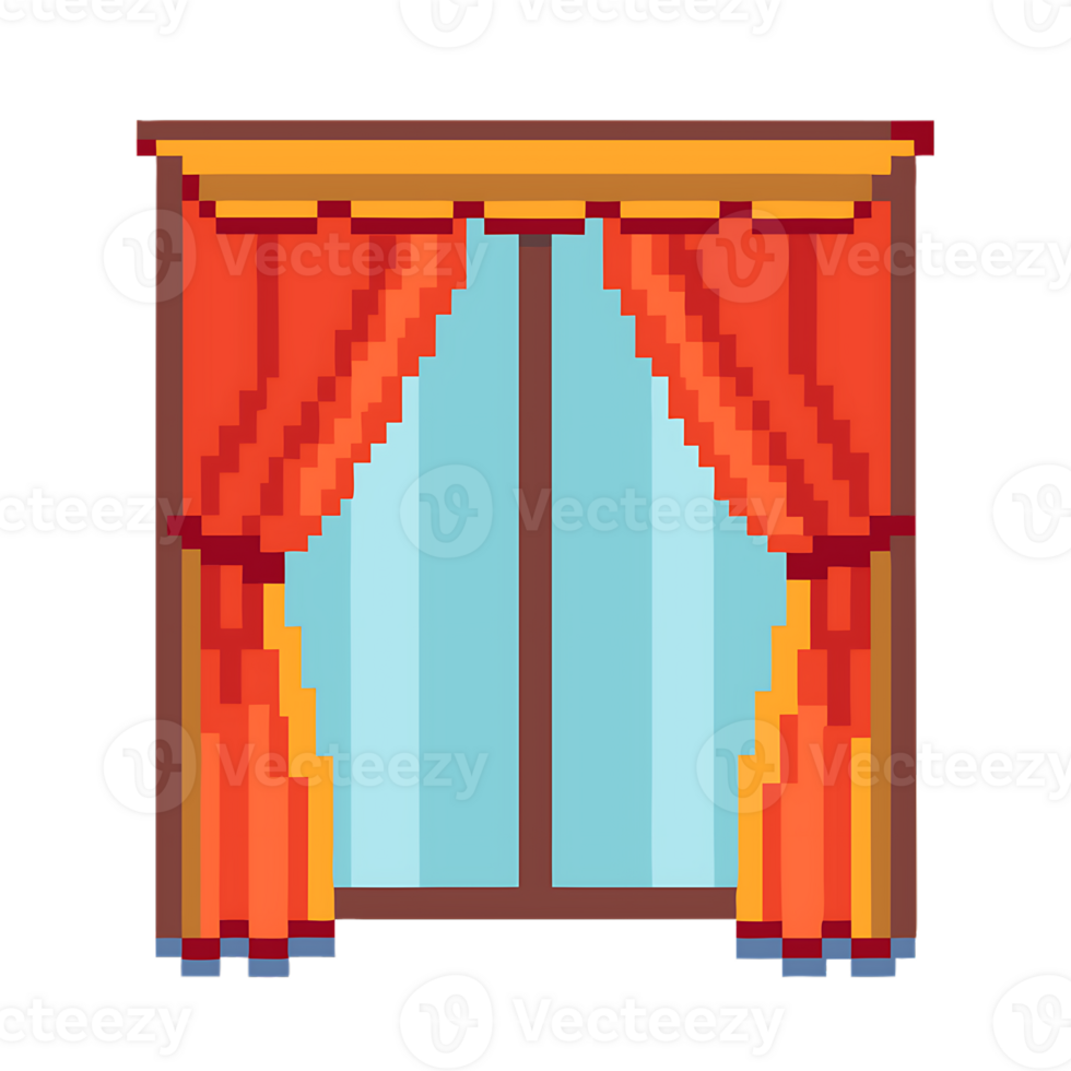 Colorful pixel art representation of pair of curtains framing window png