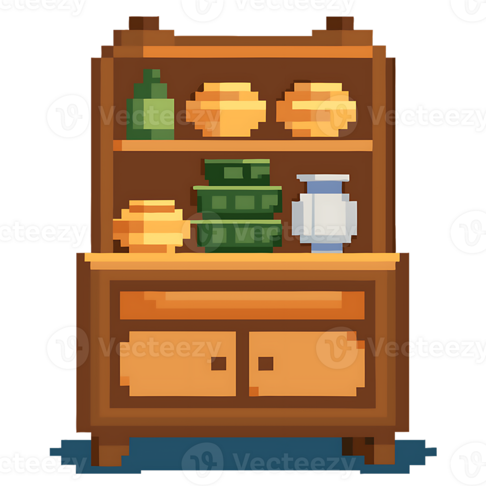Simple pixel art welsh dresser with decorative items displayed clearly png