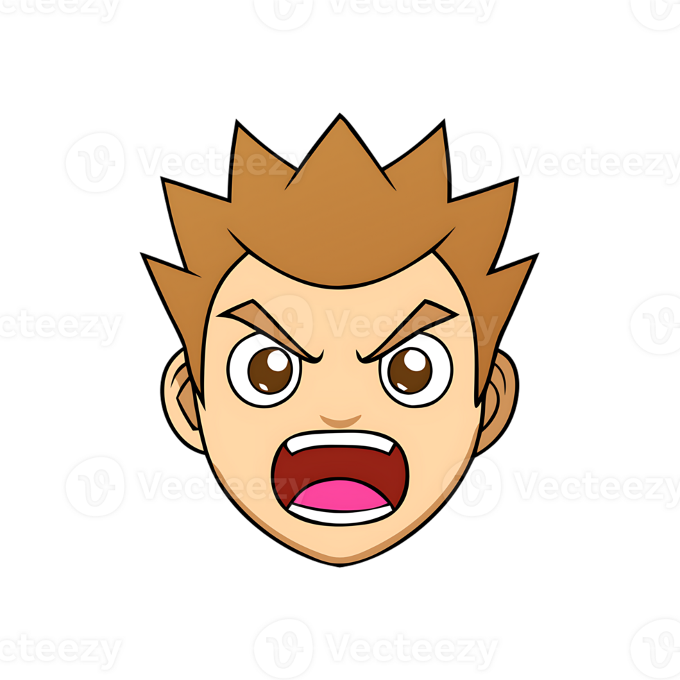 Kawaii angry man character with spiky hair and expressive eyes on transparent background png