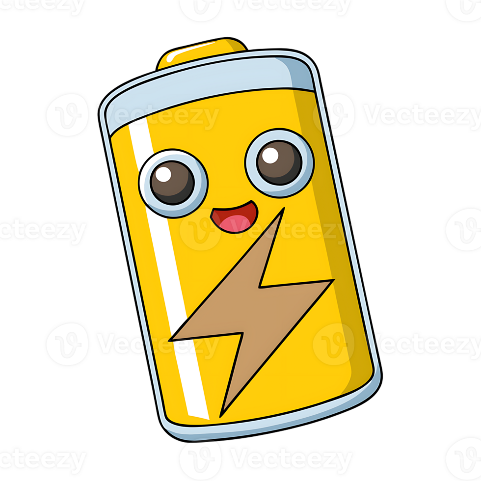 Kawaii character featuring a vibrant yellow battery with cheerful expression in a playful style png