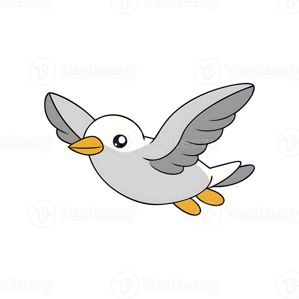 Cute flying seagull illustration with kawaii design and transparent background png