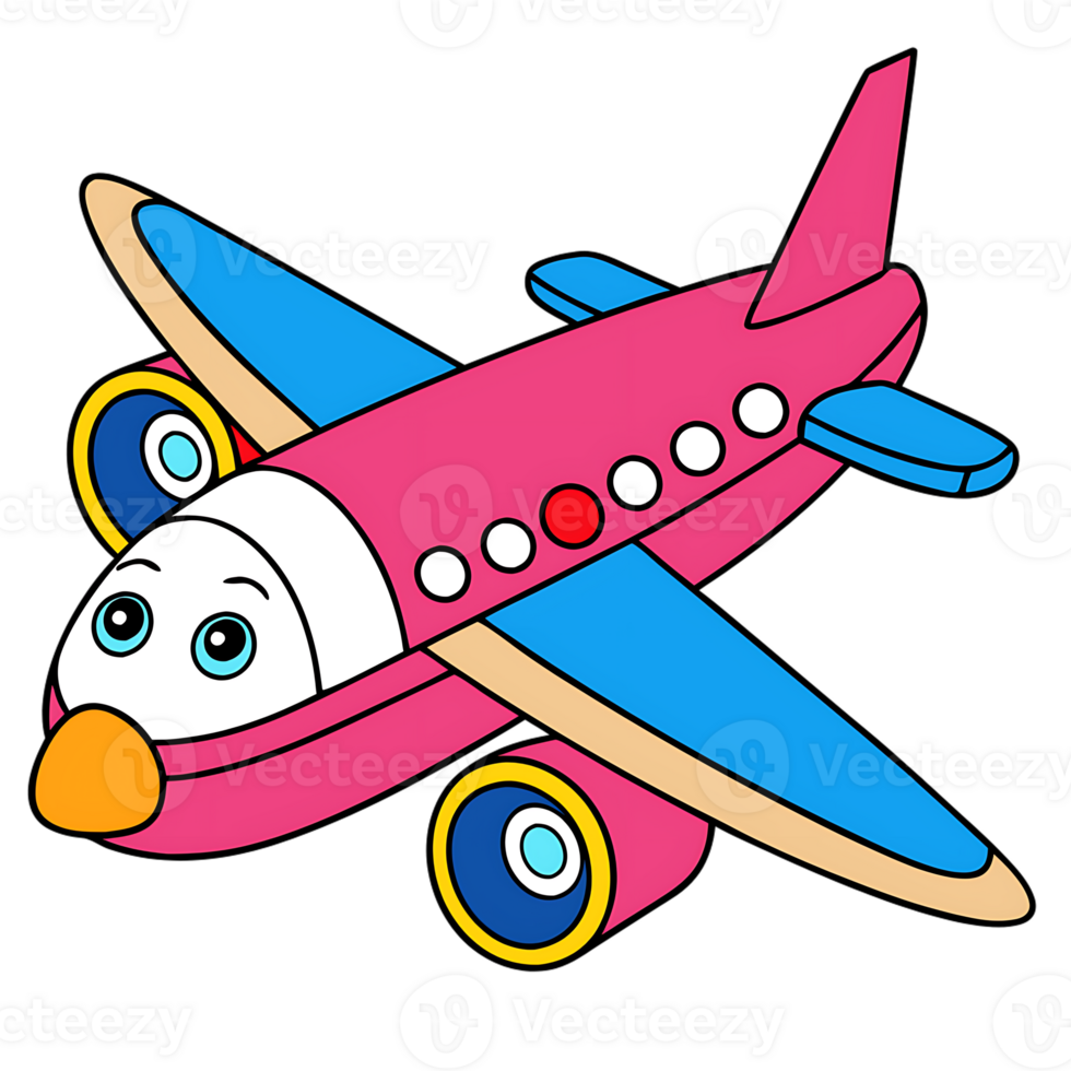 Colorful kawaii airplane with blue wings and round windows on transparent background png