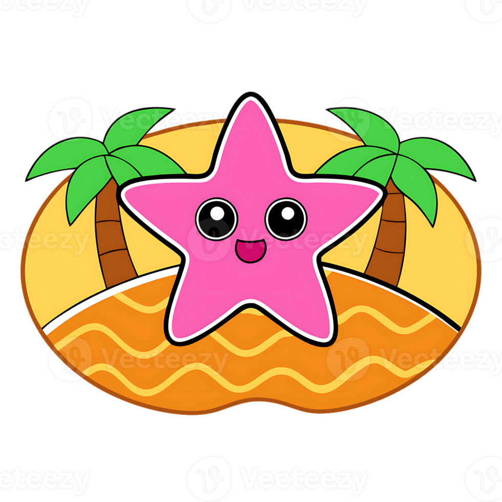 Cute pink starfish character with palm trees on sunny beach png