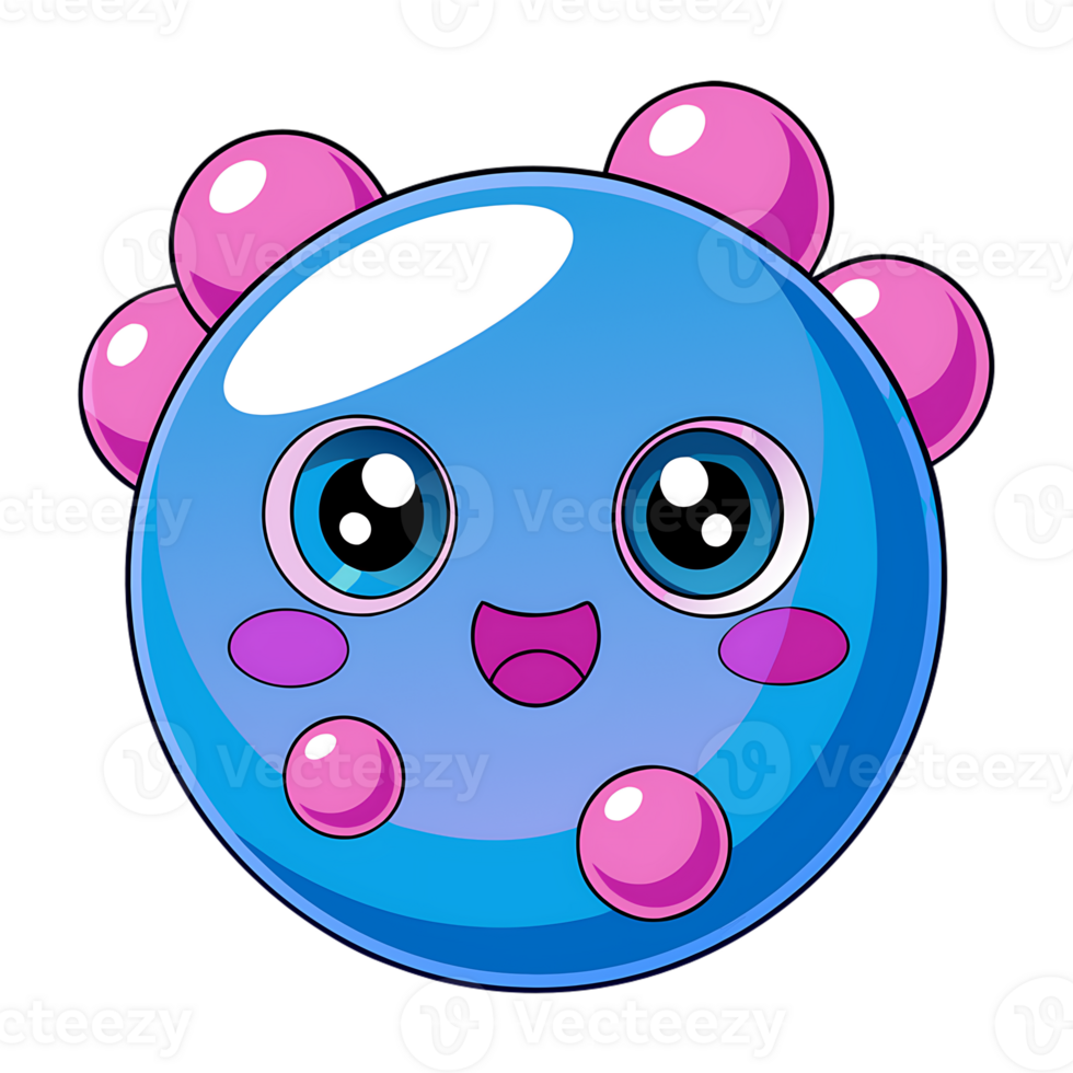 Cute blue kawaii bubble character with happy expression and pink accents, transparent background png