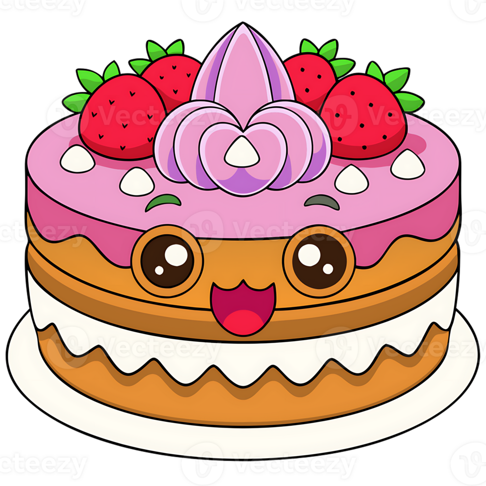 Cute kawaii cake with strawberries and cream on transparent background png
