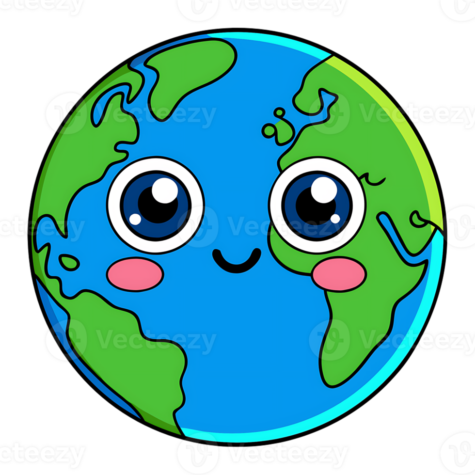 Adorable kawaii earth character smiling brightly with big eyes and cheeks png