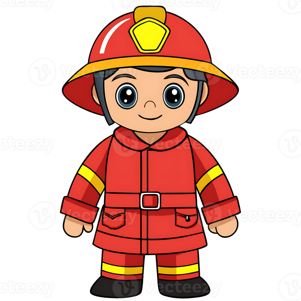 Cute kawaii firefighter character with bright red uniform and happy expression png