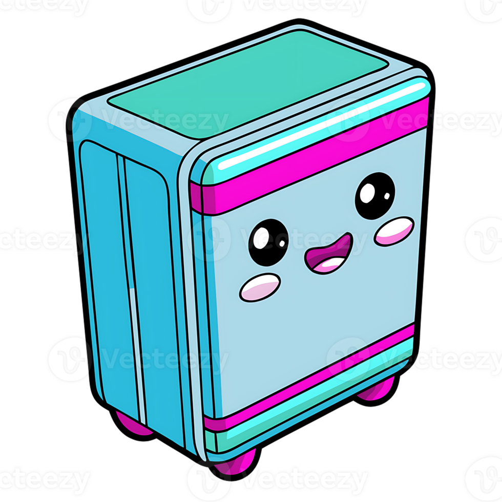 Kawaii freezer with adorable expressions and bright colors, adding joy to any kitchen setting. png