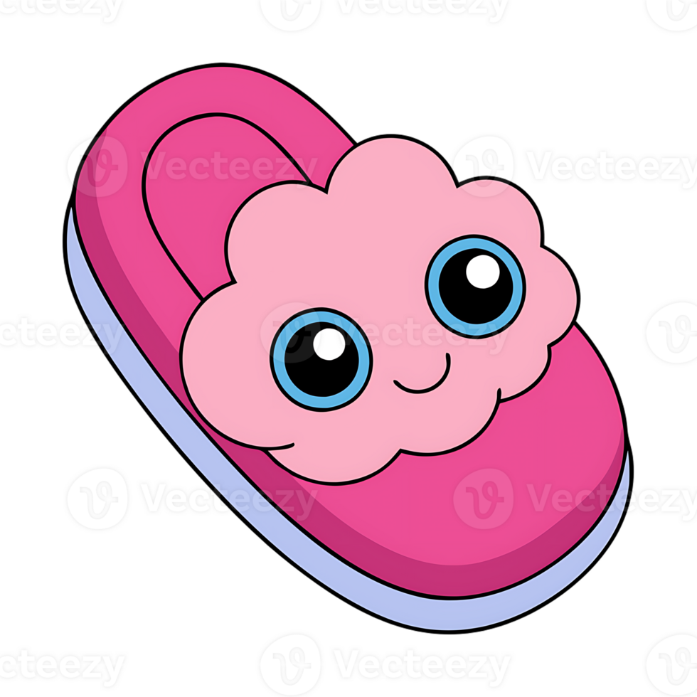 Cute pink cloud kawaii slipper with expressive eyes on transparent background png