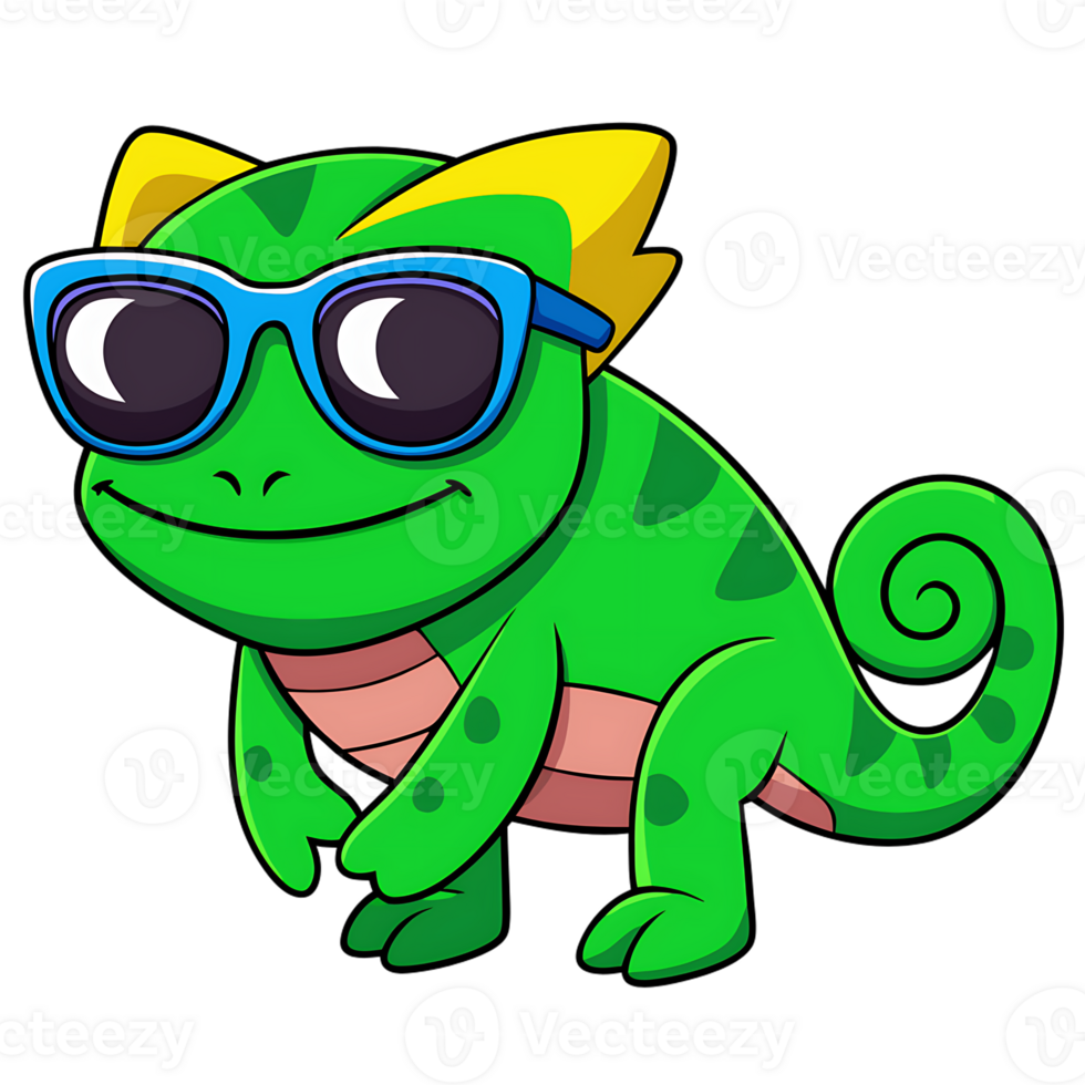 Kawaii chameleon character in sunglasses with cheerful expression and bright colors png