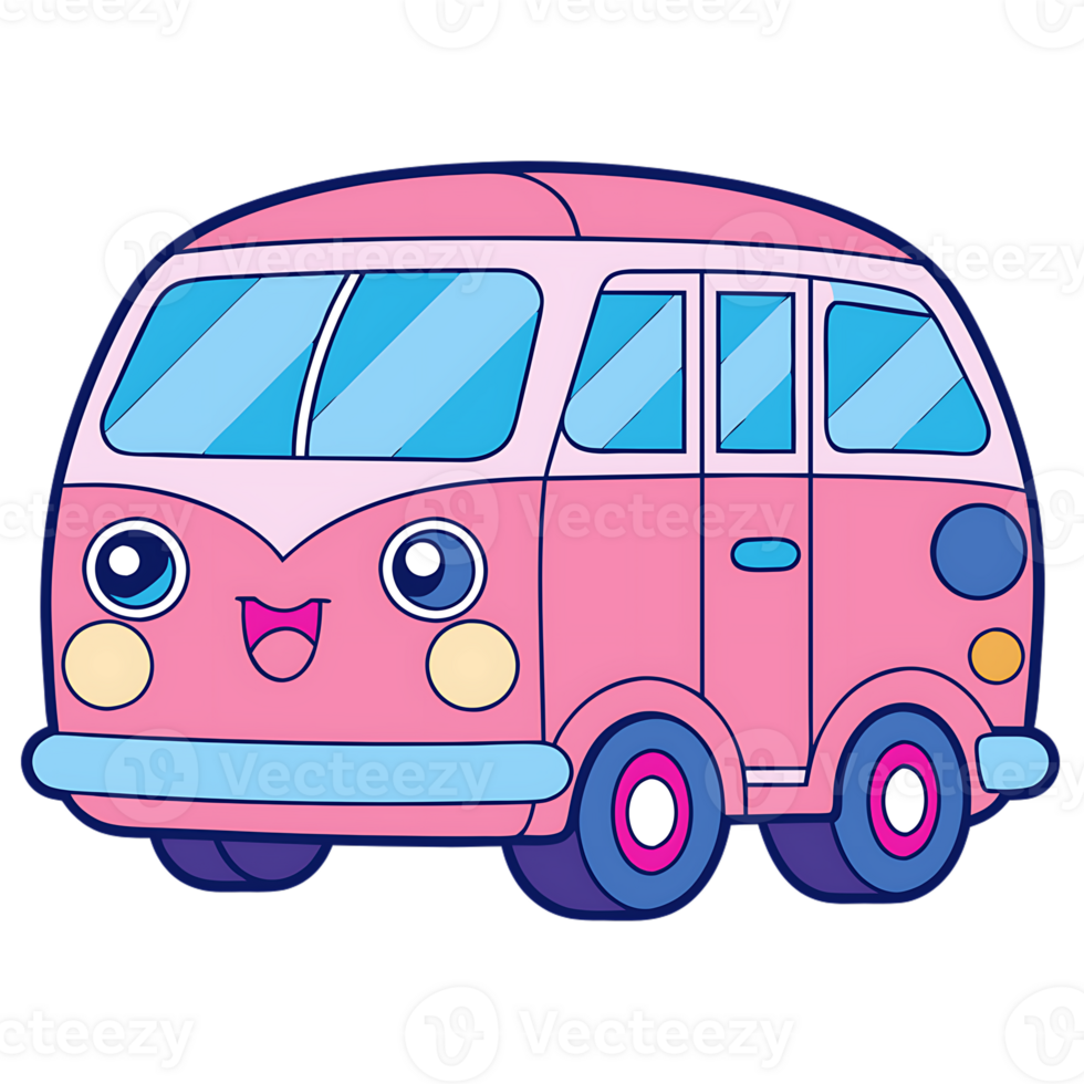Kawaii pink van with cheerful face on transparent background png