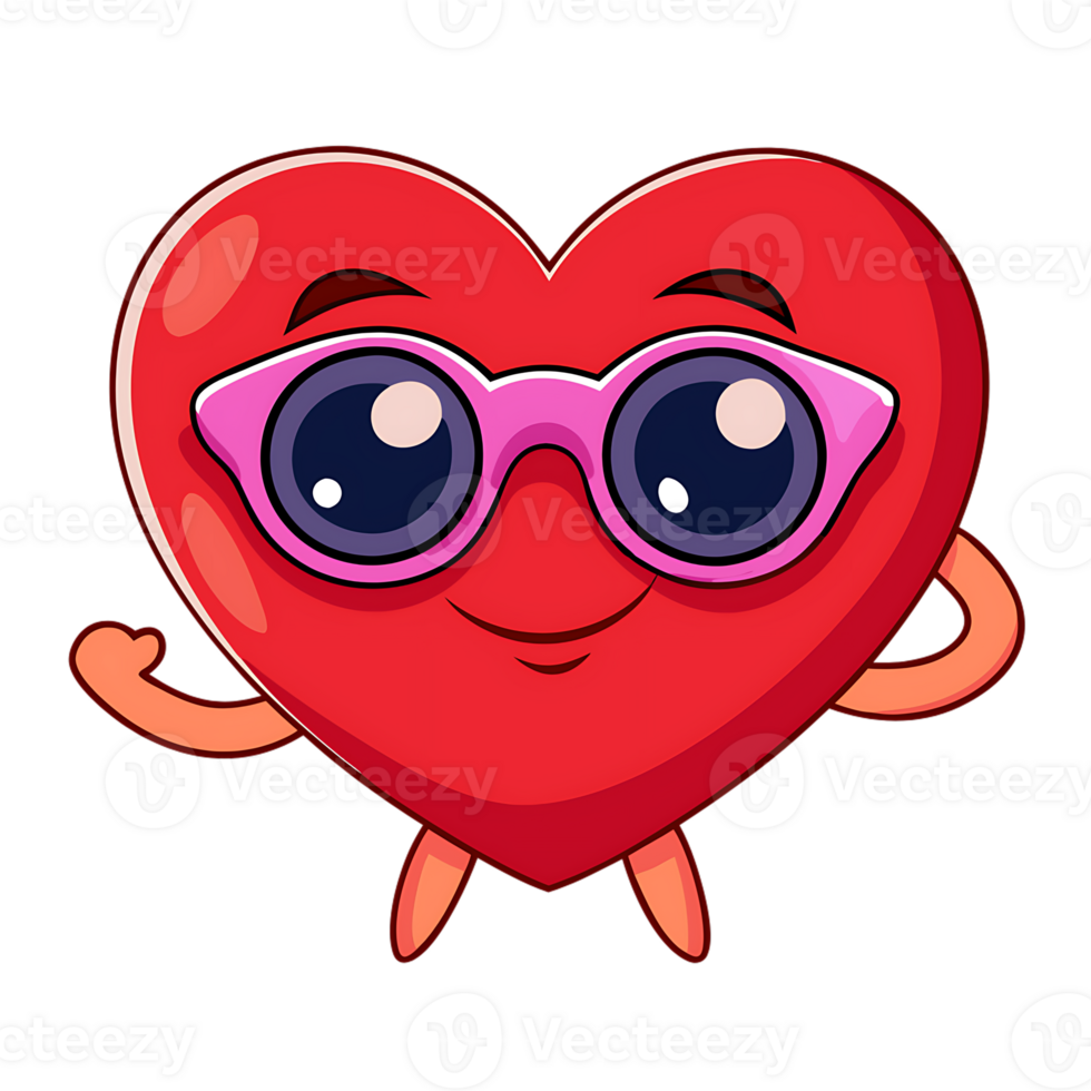 Heart character wearing cute sunglasses with kawaii style on transparent background png