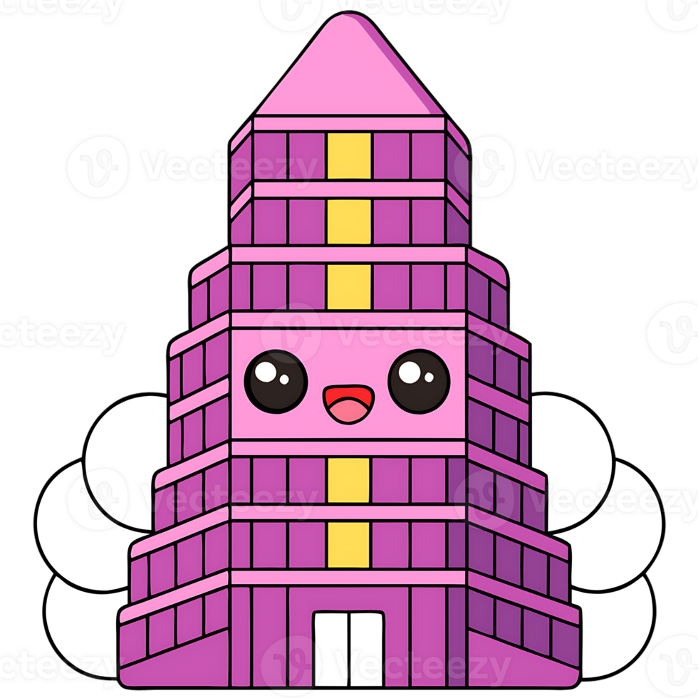 Kawaii cute pink building with happy expression on transparent background png
