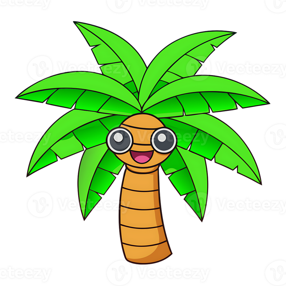 Kawaii palm tree character smiling with green leaves on transparent background png