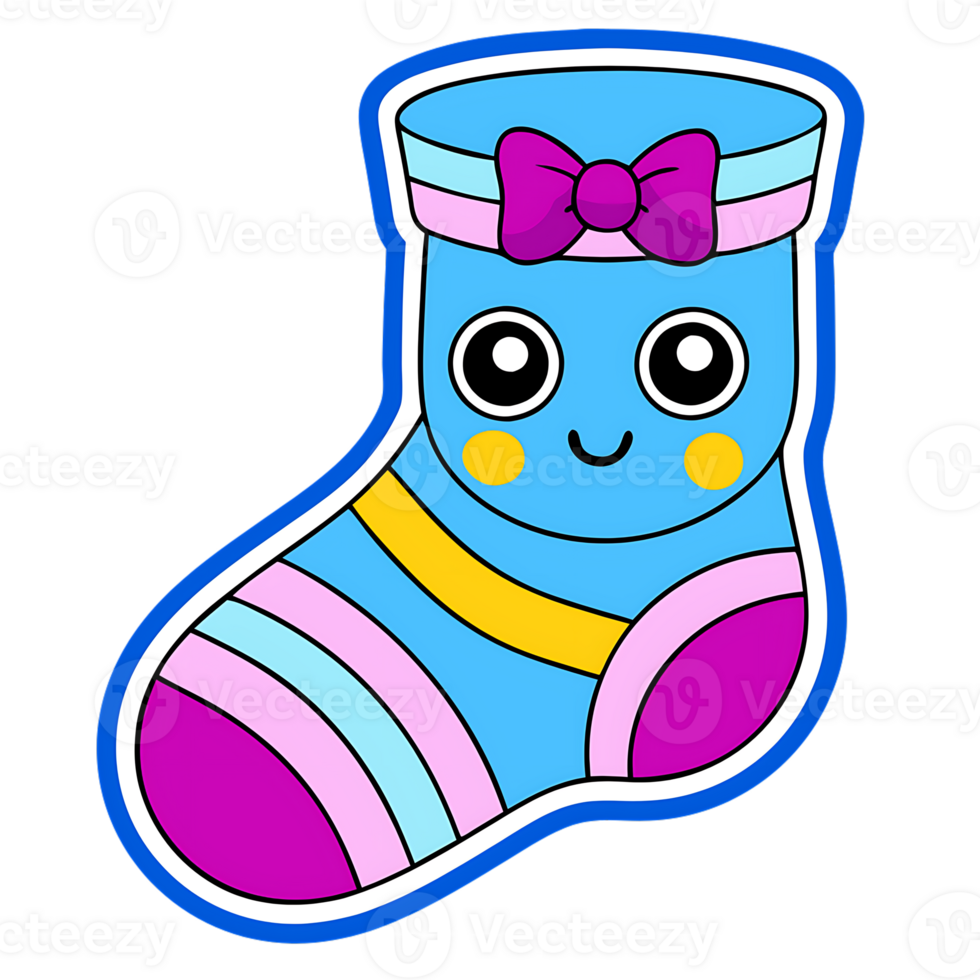 Charming kawaii blue sock with adorable face and playful colors png