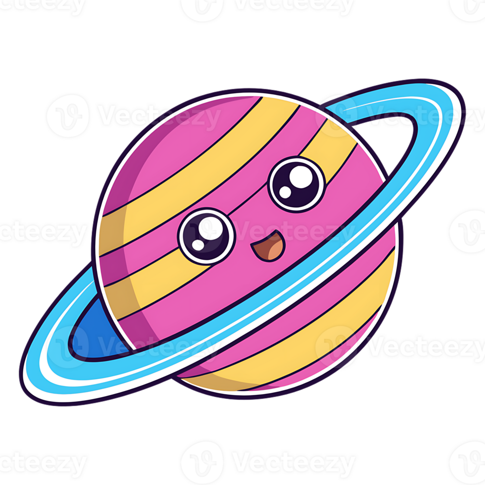 Adorable kawaii planet character with cheerful expression in space png