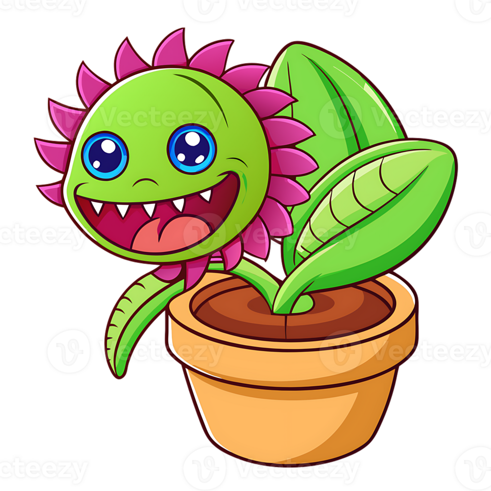 Cute kawaii venus fly trap character in pot with vibrant colors and cheerful expression png