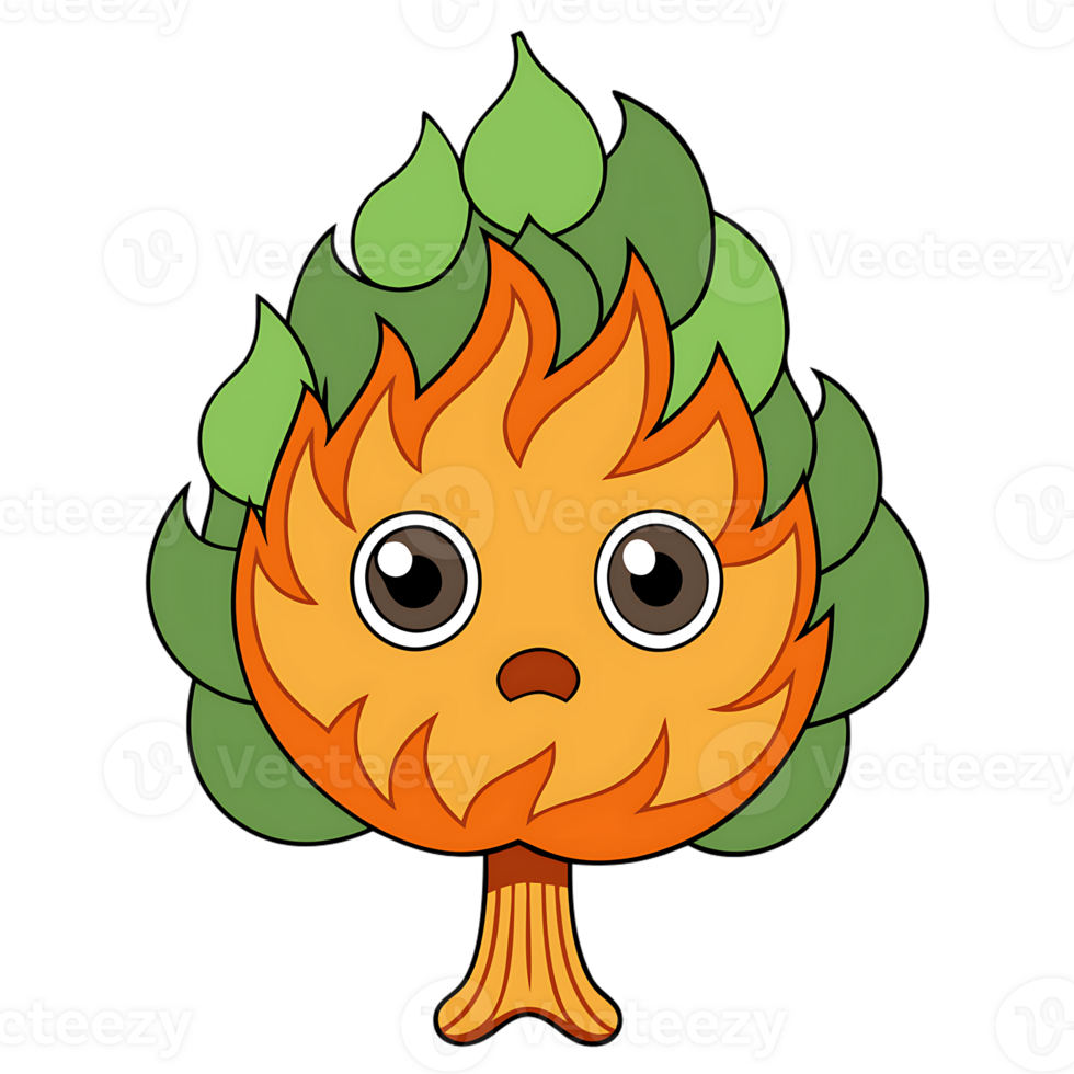 A kawaii tree with a sad expression surrounded by flickering flames png