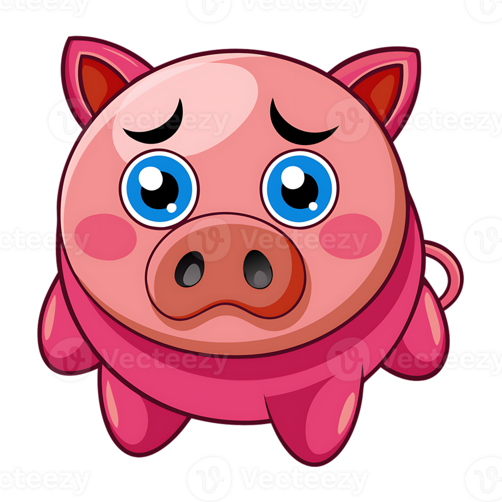 Sad kawaii piggy bank with cute expression and transparent background png