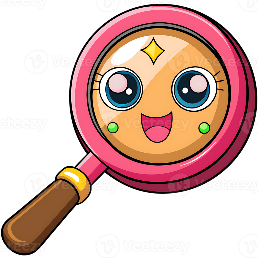 Cute kawaii magnifying glass character with sparkling eyes png