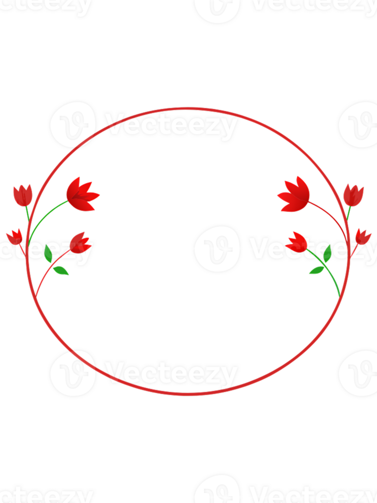 Delicate floral border design featuring red flowers and green leaves in an oval shape png