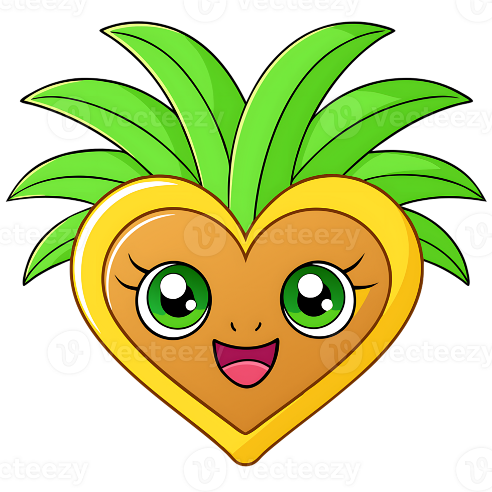 Kawaii heart of palm character with green eyes and colorful leaves, transparent background png