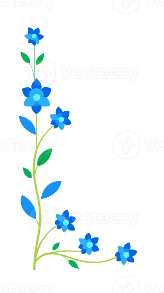 Miniature blue flowers arranged in a corner design with green leaves png