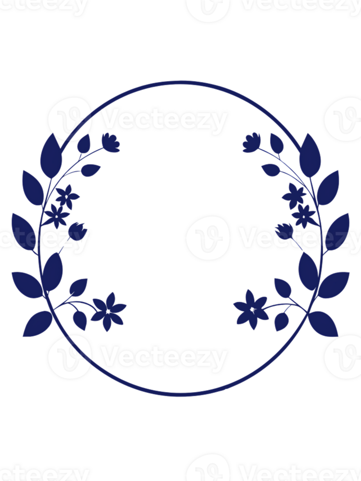 Elegant border design featuring navy blue flowers and leaves in a circular format png