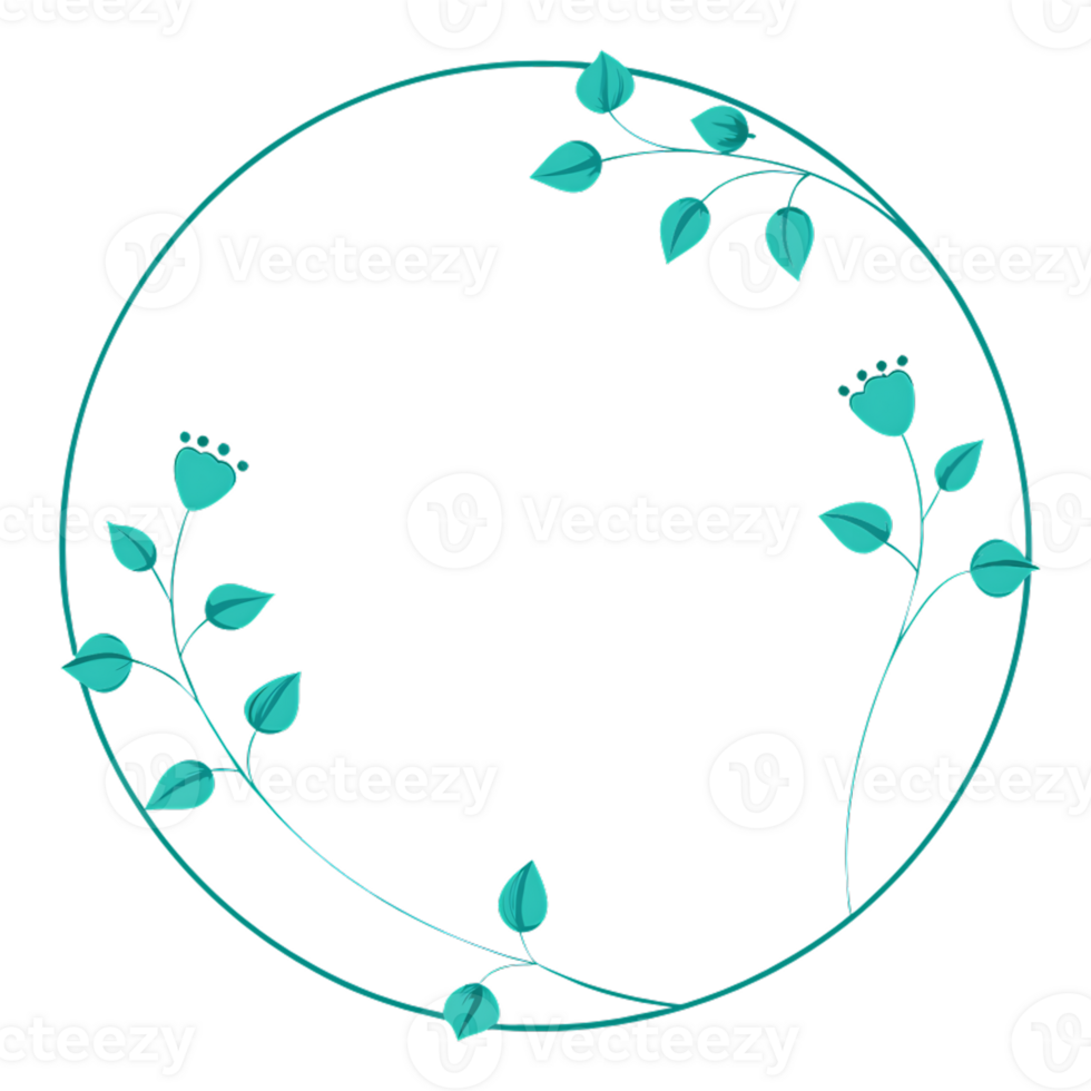 Delicate floral border design featuring teal leaves and flowers in a round format png
