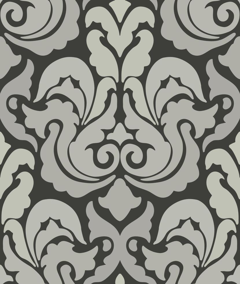 Contemporary damask design in black and light gray with stylized ornamental and floral patterns. vector