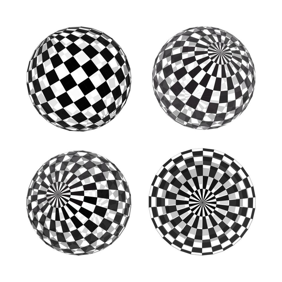 3d checkered texture sphere globe graphics shape set. Circle round ball mesh, white grid check, black, abstract chess orb isolated. vector