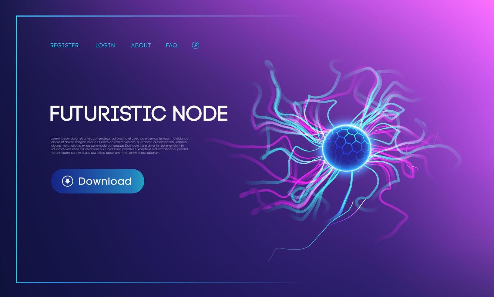 Futuristic node concept with glowing blue energy sphere, abstract neural connections, and vibrant electric light trails on a purple gradient background with UI elements vector