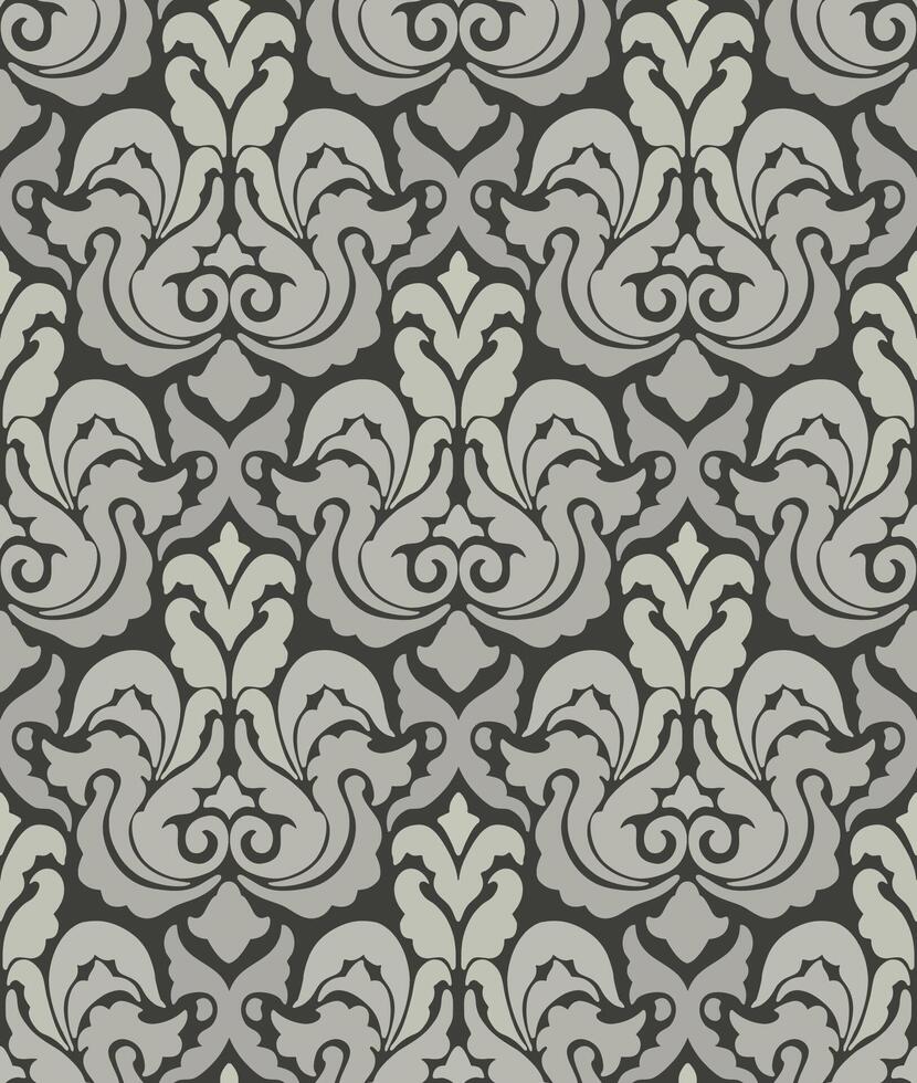 Elegant seamless damask design in black and pale gray featuring intricate floral and ornamental elements. vector