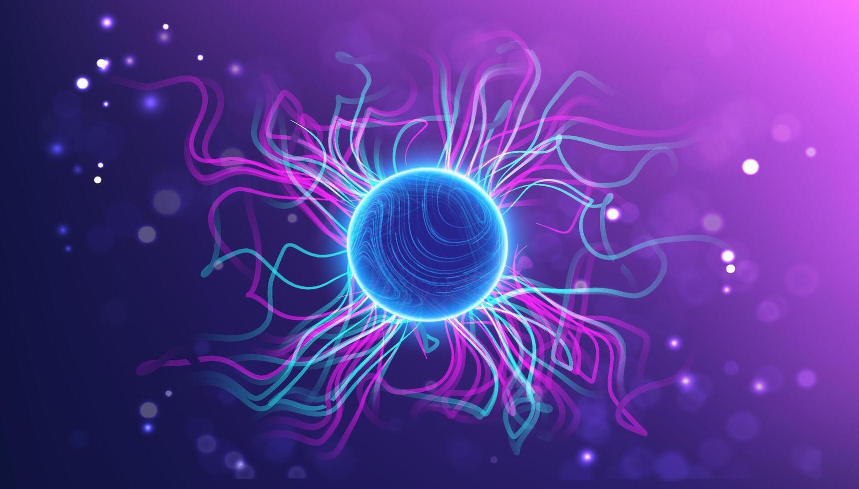 Glowing blue energy sphere with vibrant electric light trails, abstract neural connections, and dynamic electromagnetic waves on a purple gradient background with futuristic aesthetics. vector