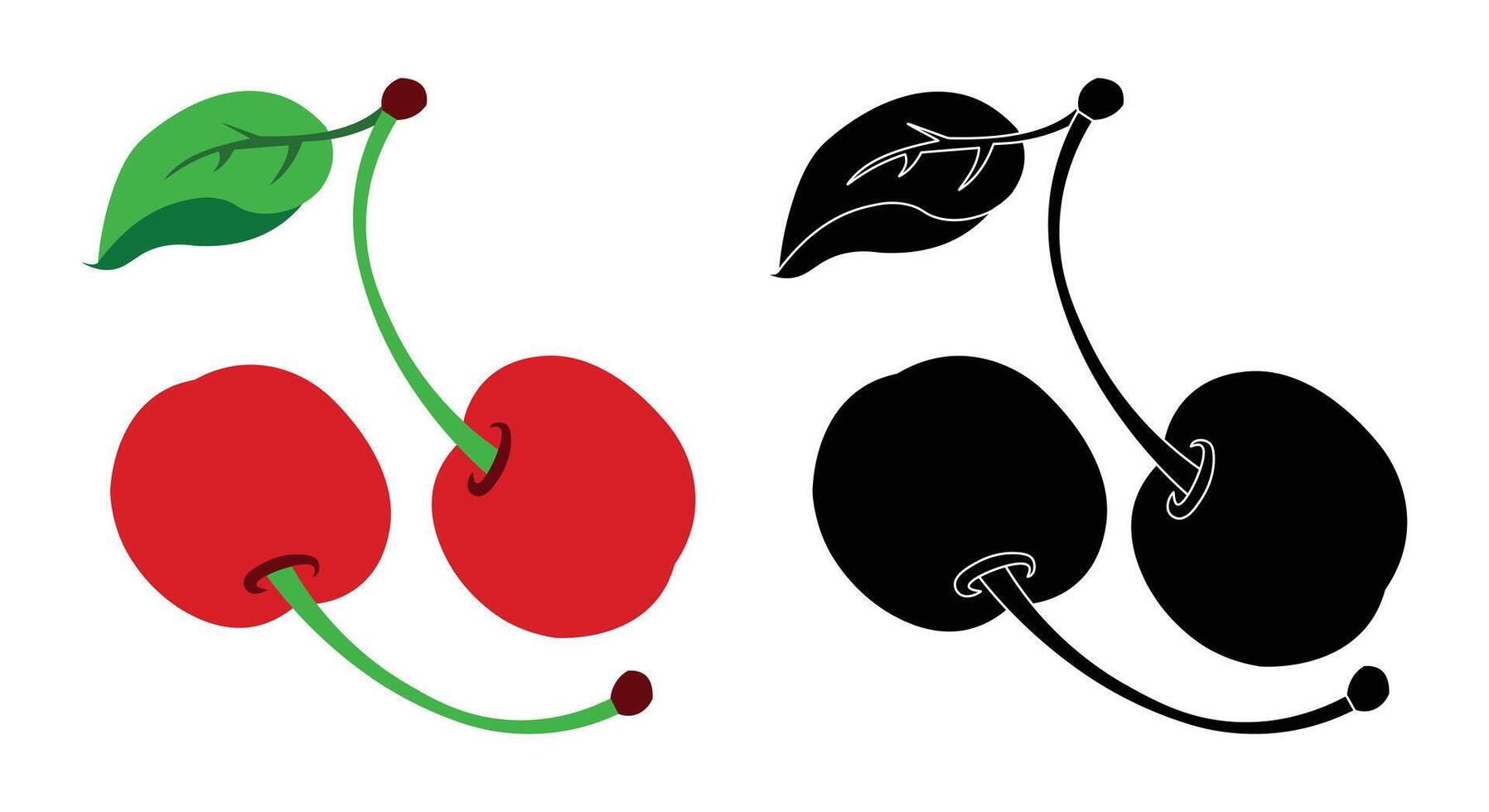 Pair of Ripe Cherries with Stem and Leaf in Color and Black and White vector