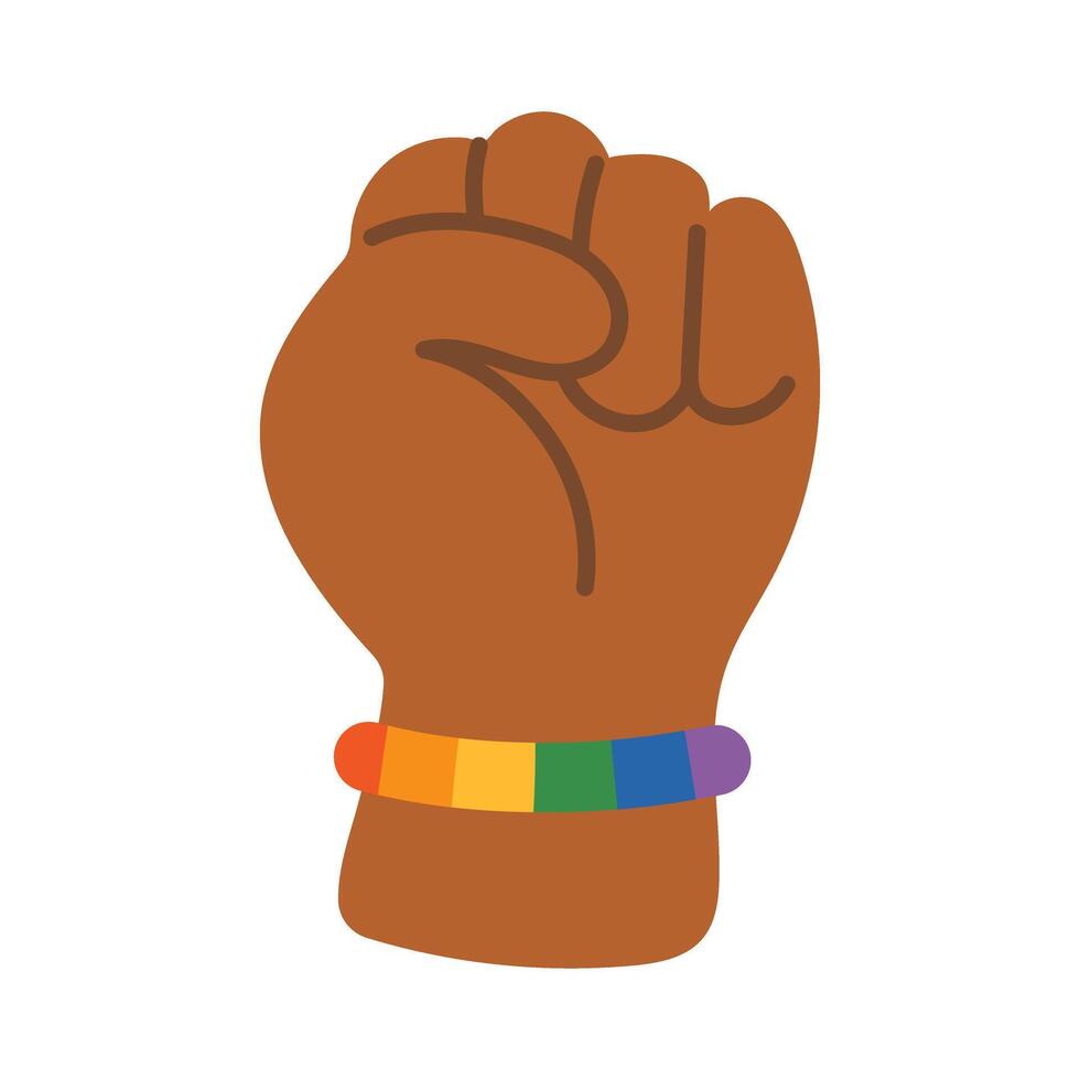 hand with rainbow bracelet in flat design. LGBTQ pride concept. Swarthy fist gesture symbolizing unity and support for LGBT rights. Dark skin. vector