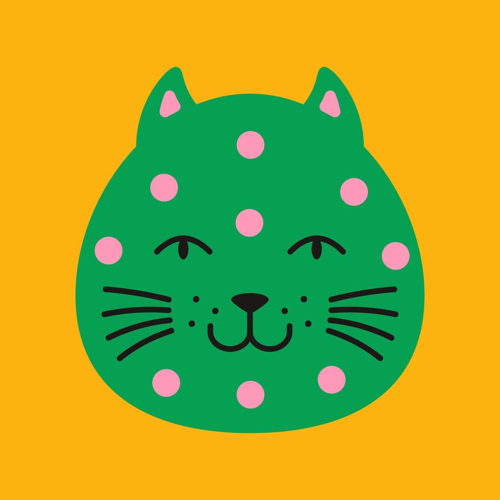 Cute doodle-style cat head with smile. Playful animal avatar in a vibrant, creative artwork. vector