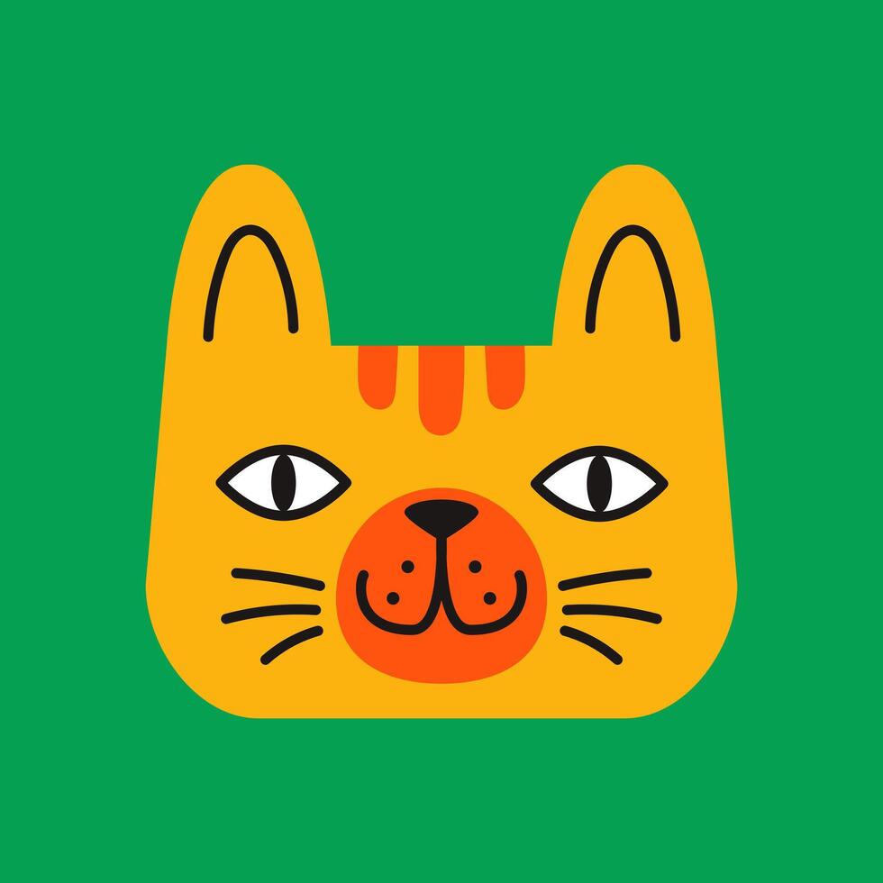 Modern flat design kitten head on a bright green background. Stylized felino portrait for stickers or clipart. vector