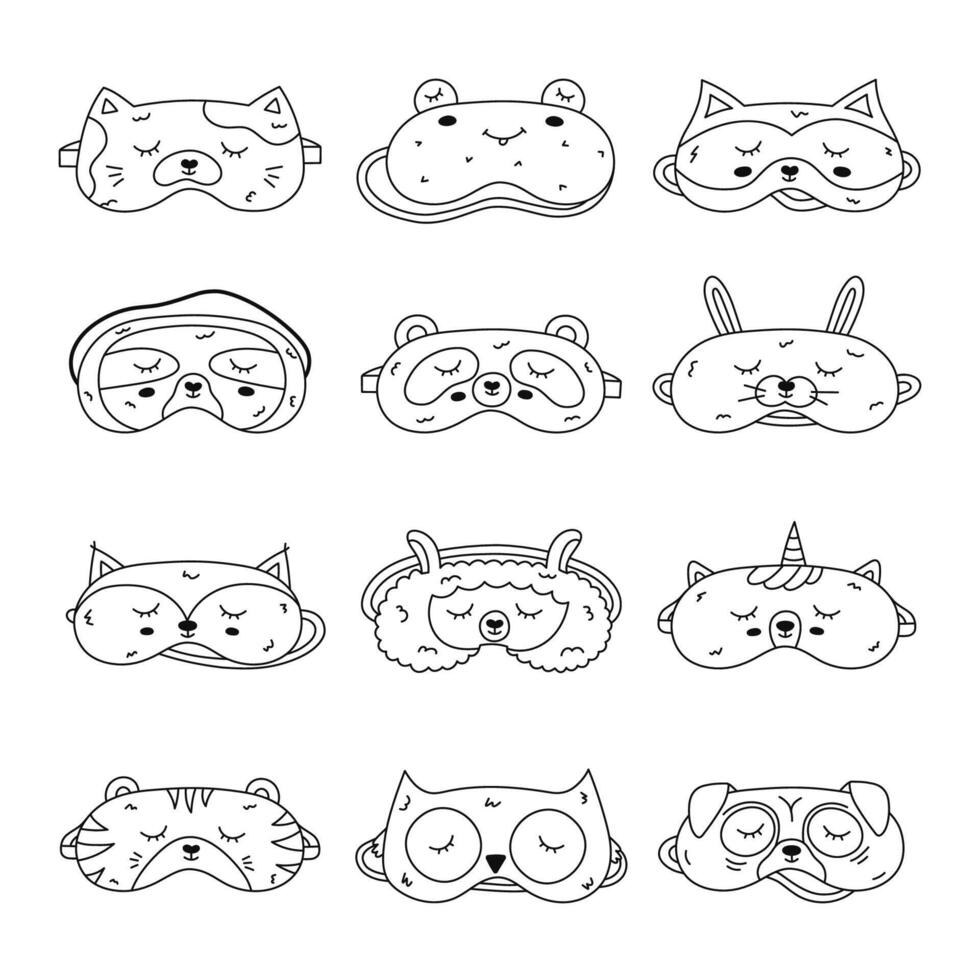 Big outline doodle animal sleeping mask set in the shape of pet head. Cute kids eye mask collection with cat, frog, tiger, pug head. Hand drawn good night accessory for resting isolated on white. vector