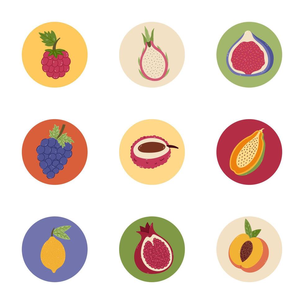 Lovely cartoon round cover icon with summery fruits clipart for different social media, blogs, branding. Highlight icons for stories with grape, raspberry, peach, lemon, papaya in vivid colors vector