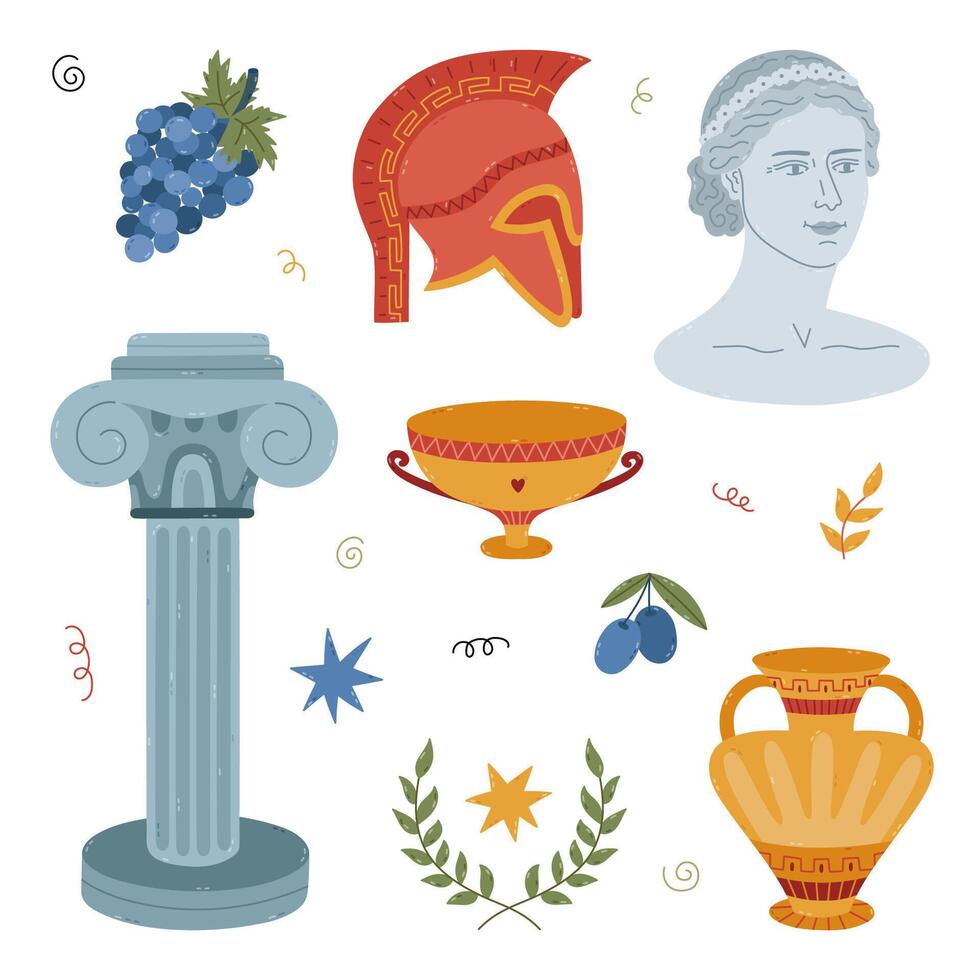 Lovely cartoon set with historical Greek symbols, marble sculpture and column, aged vases, roman helmet, laurel wreath. Hand drawn trendy classical Greece clipart for social media, design, print. vector