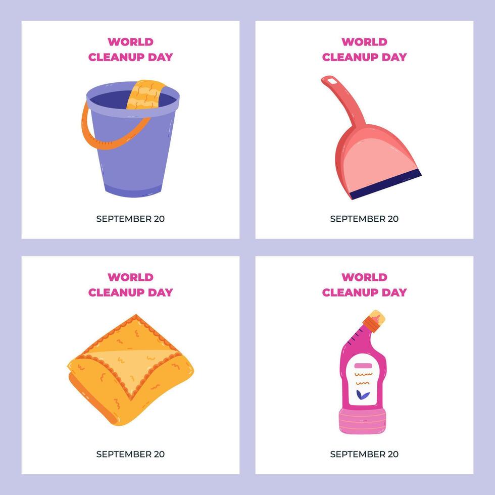 Set of square simple banners for World Cleanup Day with plastic bucket, dustpan, fabric rag, toilet cleanser. Hand drawn washing and hygiene clipart for social media, website banner, promotion. vector