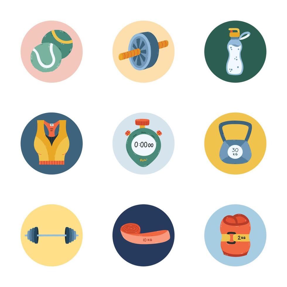 Lovely cartoon round cover icon with fitness and gym clipart for different social media, blogs, branding. Highlight icons for stories with barbell, sport bra, resistance band doodle in pastel colors vector