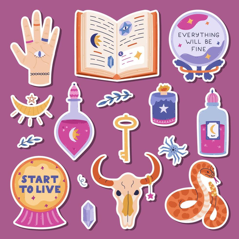 Lovely cartoon supernatural and enchanted sticker set for planners, notebooks, scrapbook. Ready for print list of cute doodle of palm with all seeing eye, crystal ball, cow skull, snake, potion. vector