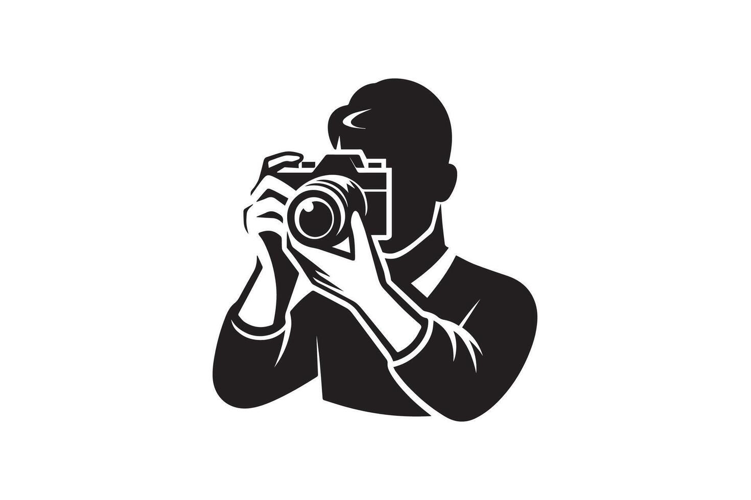 A black and white silhouette of a man holding a camera vector
