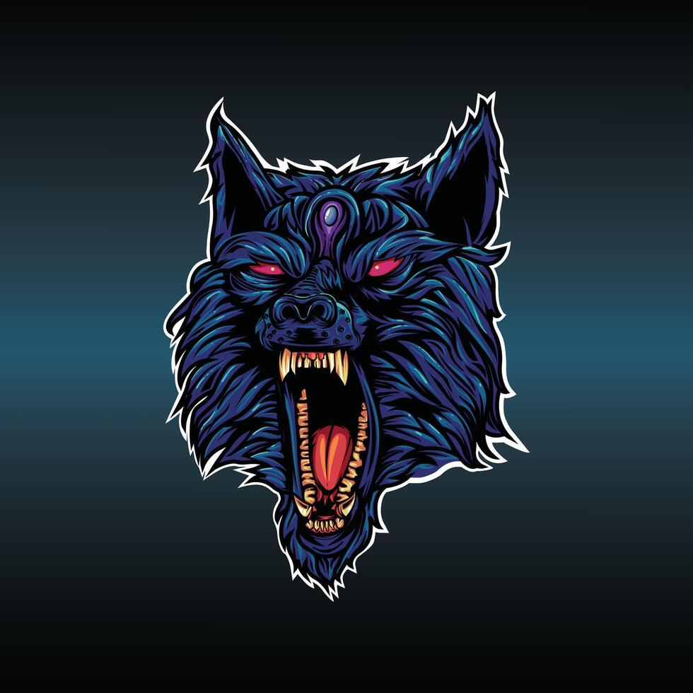 Fierce Blue Wolf with Forehead Gem and Glowing Eyes vector